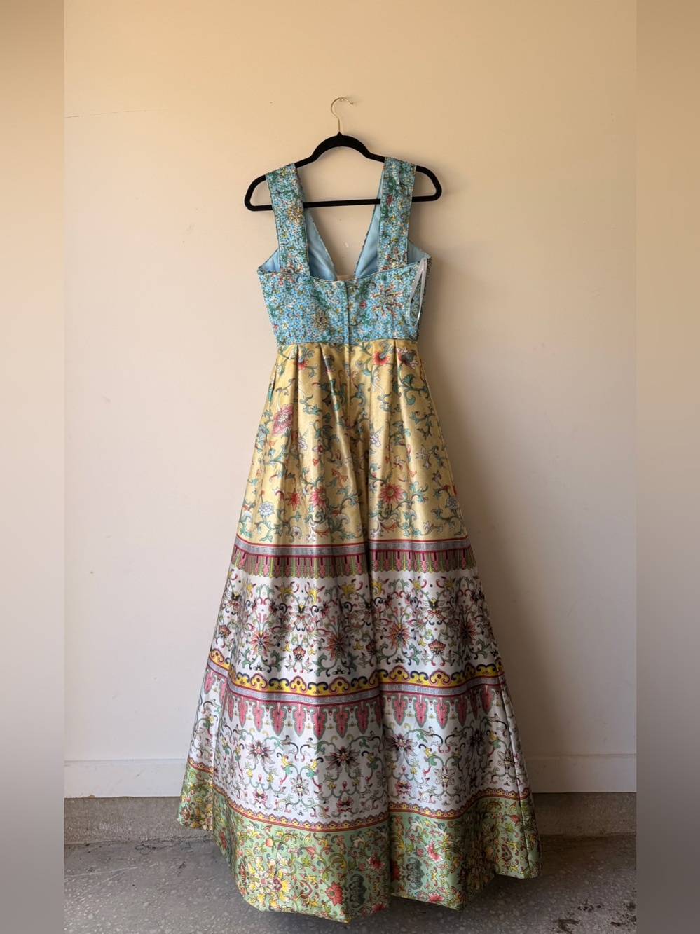 Sherri Hill Blue and Yellow Floral V-Neck Prom Gown - Picture 4 of 8